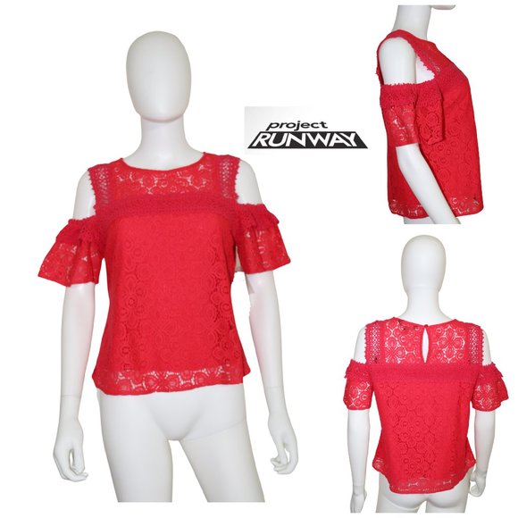 Project Runway Red Lace Cold Shoulder Blouse NWT - Picture 1 of 7